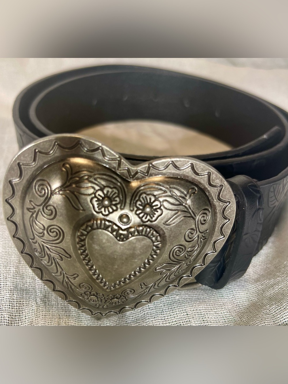 NWOT Western Tooled Black Faux Leather Belt with Silver Heart Buckle
